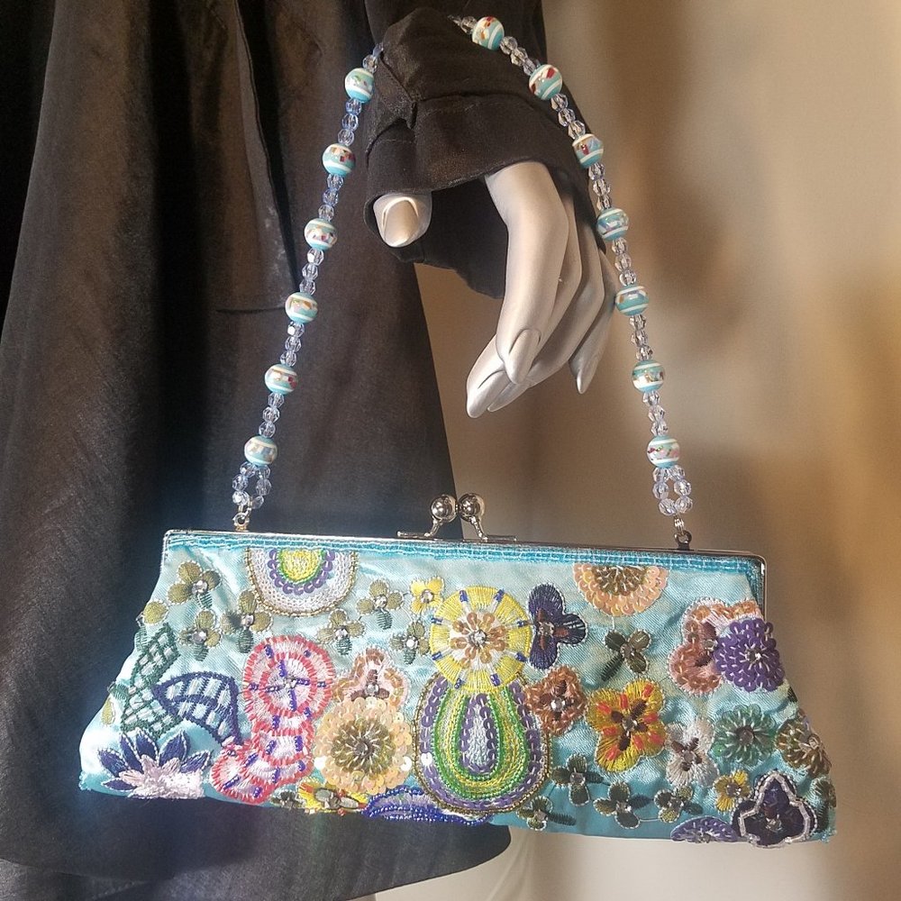 Women's Sky Blue Decorative Beaded Handbag (10" w x 4" h)